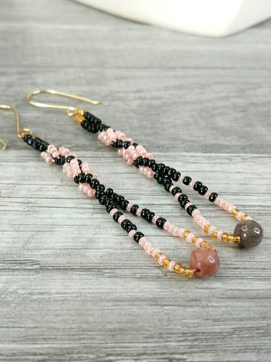 BOGO EARRINGS Rhodonite Gemstone Spiral Beaded Dangle Earrings, Pink & Black - Picture 9 of 9